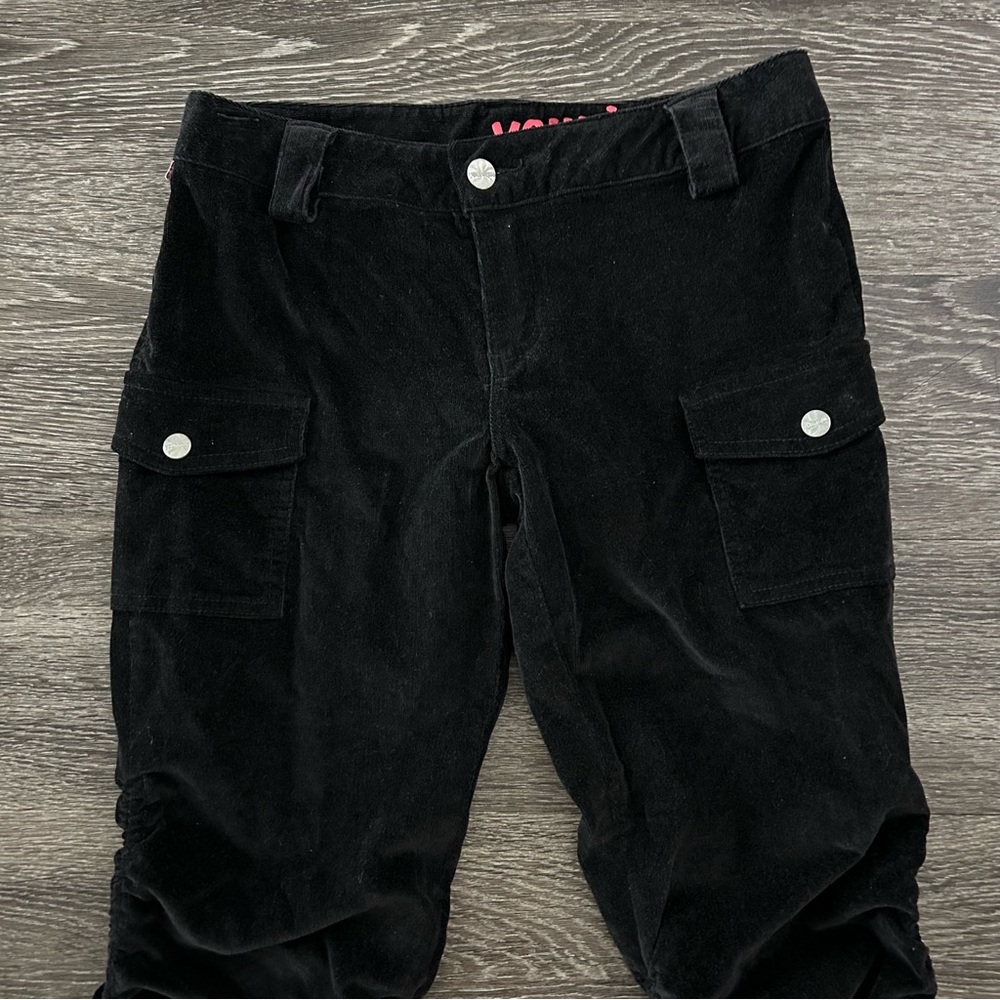 Y2K Younique Black Corduroy Ruched Tie Cargo Pants Size 5 Low Rise Fine Wale 90s - Picture 2 of 13